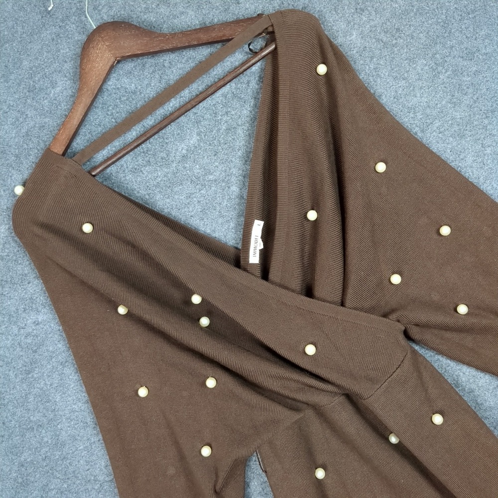 IMMODEL Brown Pearl Embellished Ribbed Knit Surplice V-Neck Sweater Mini Dress L
